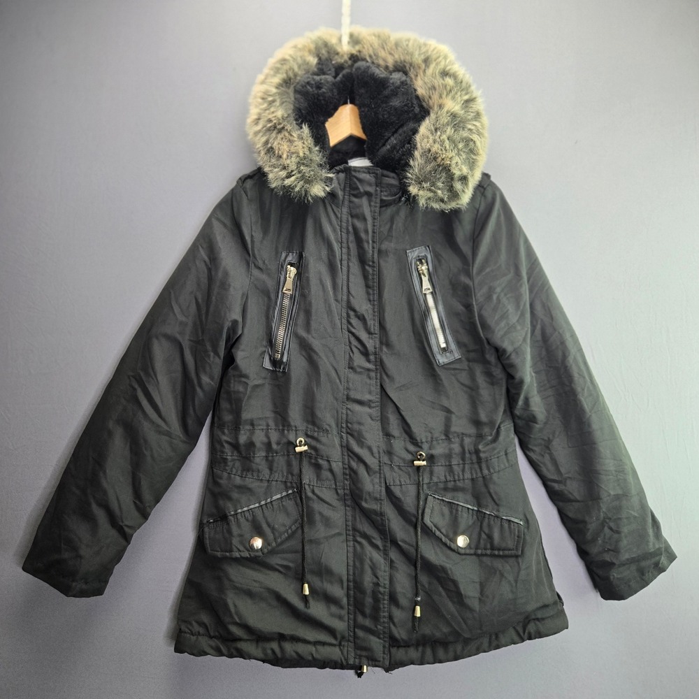 HowDareU Parka Jacket Hooded Faux Fur Trim M Black Sherpa Lined Utility Coat